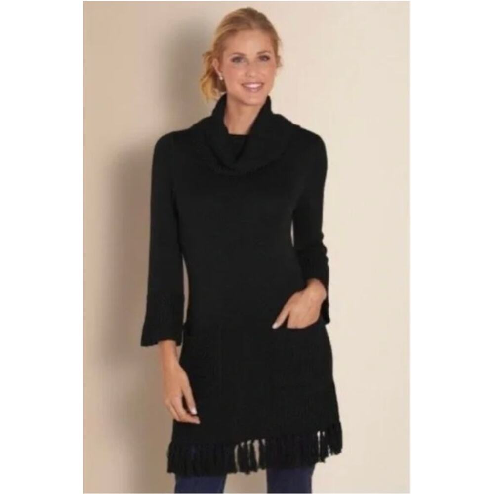 SOFT SURROUNDINGS Black Versatile Classy Cowl Neck Tunic Sweater Tunic XS Fringe